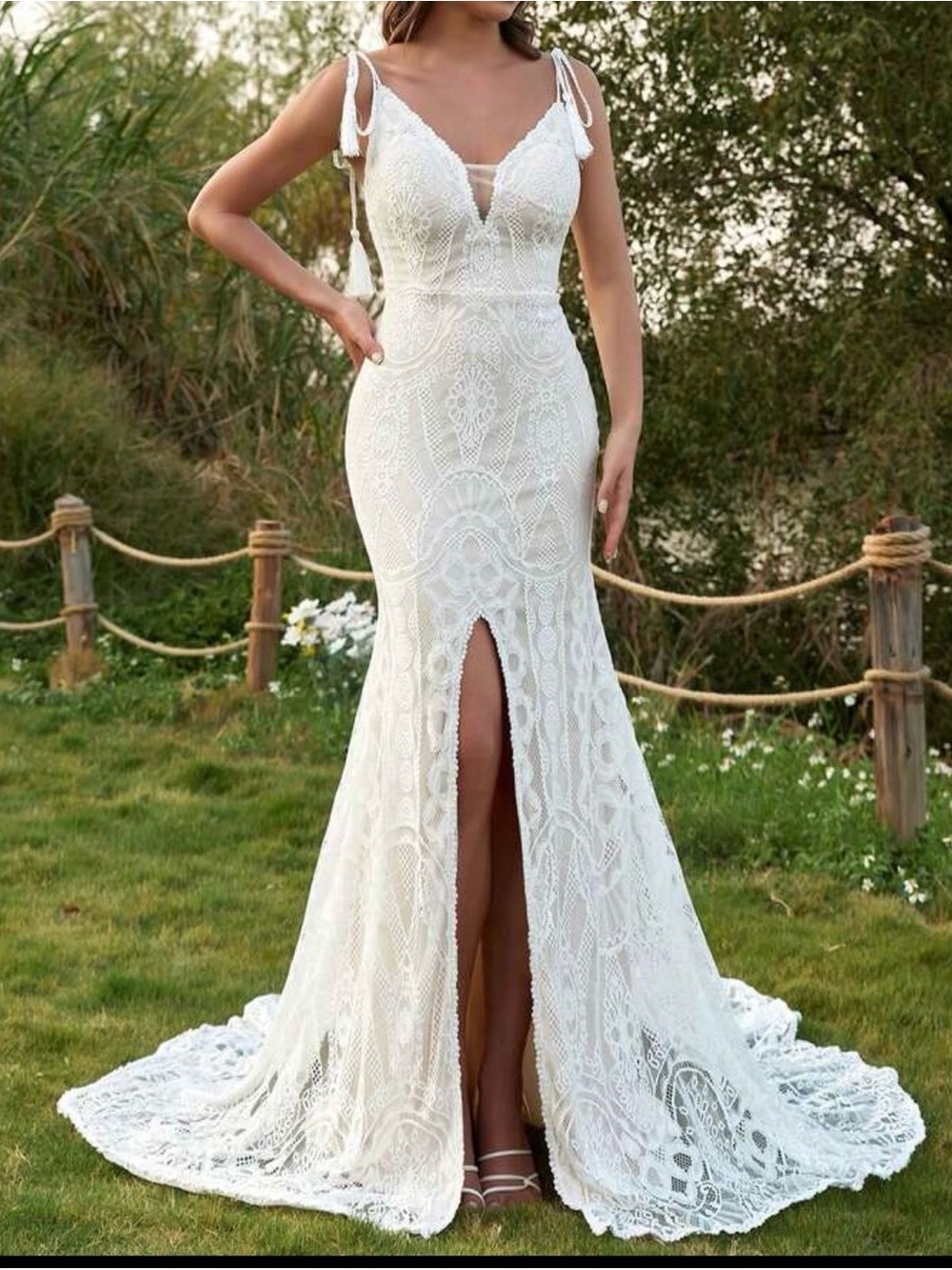 SHEIN White Lace Mermaid Wedding Dress with Front Slit